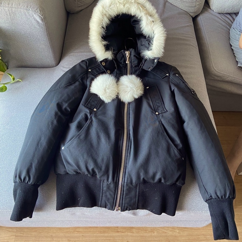 Moose Knuckle Black Bomber Down Hooded Jacket with Fox Fur Trim
